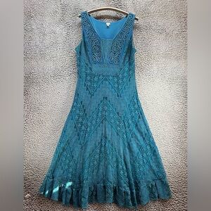 Reba Midi Dress Large Teal Sleeveless Floral Lace Overlay Bridgerton Cottagecore